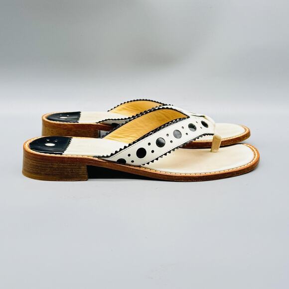 Stubbs & Wootton Sandals Womens 7 White Black Leather Thong Flip Flops Slip On - Picture 1 of 13